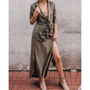 Deep Vneck high slit olive green belted maxi dress